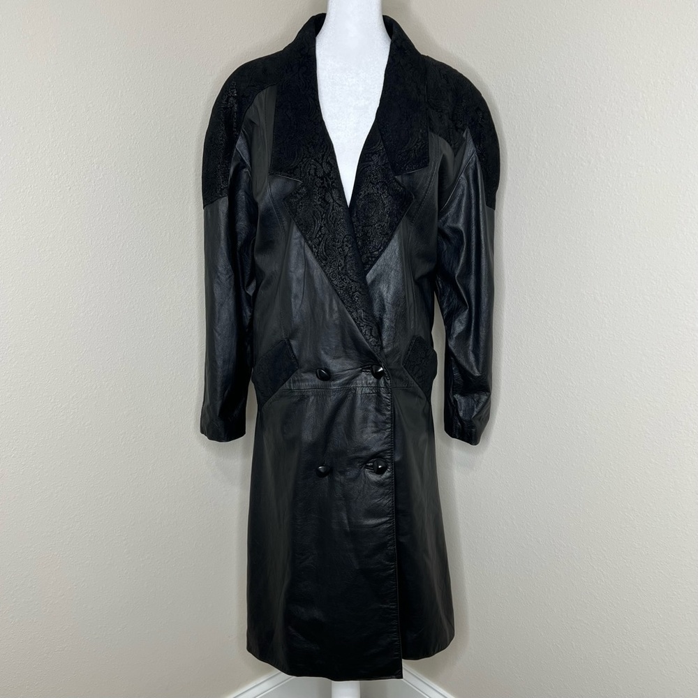 Vintage Charles Klein Black Leather Suede Paisley Double Breasted Trench Coat
